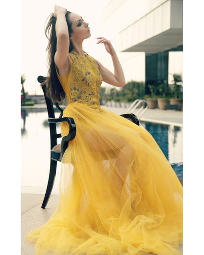 Yellow Zardozi Embroidered Gown