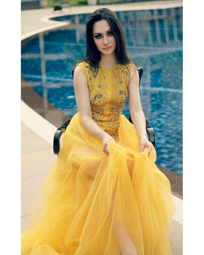 Yellow Zardozi Embroidered Gown