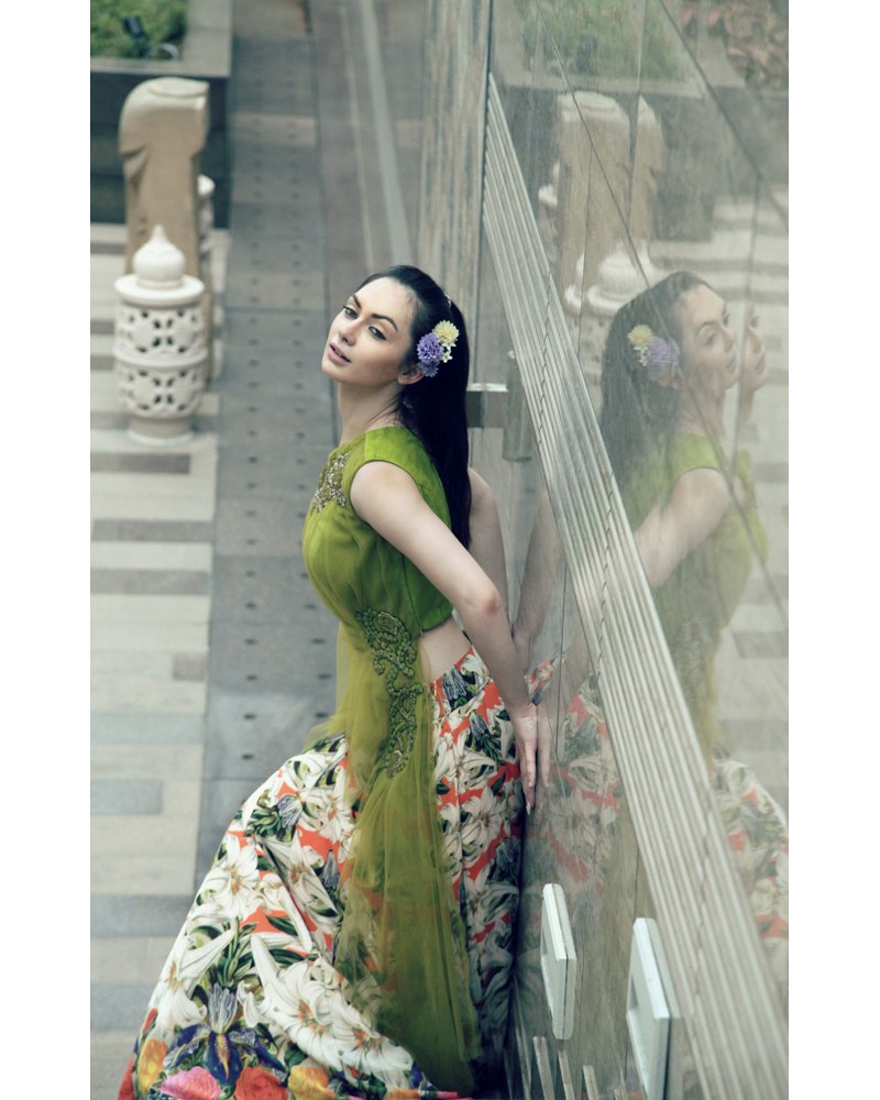 Lime Blouse with Floral Skirt