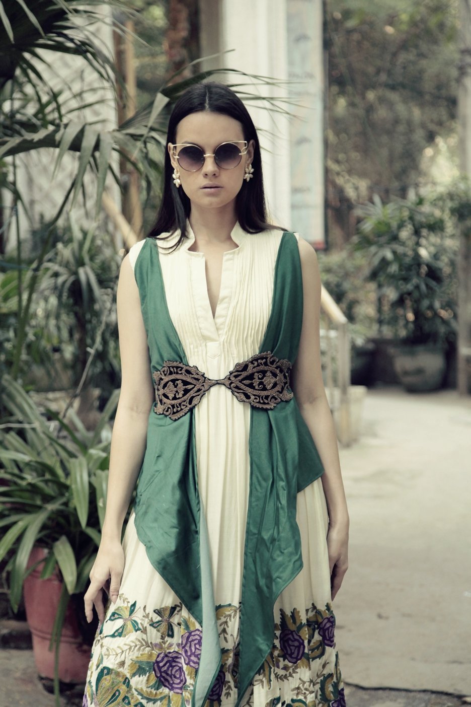 Ivory Long Buttterfly Dress with Green Jacket &amp; Belt