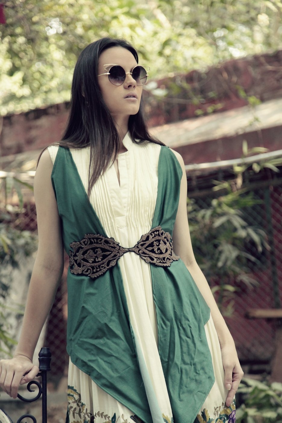 Ivory Long Buttterfly Dress with Green Jacket &amp; Belt