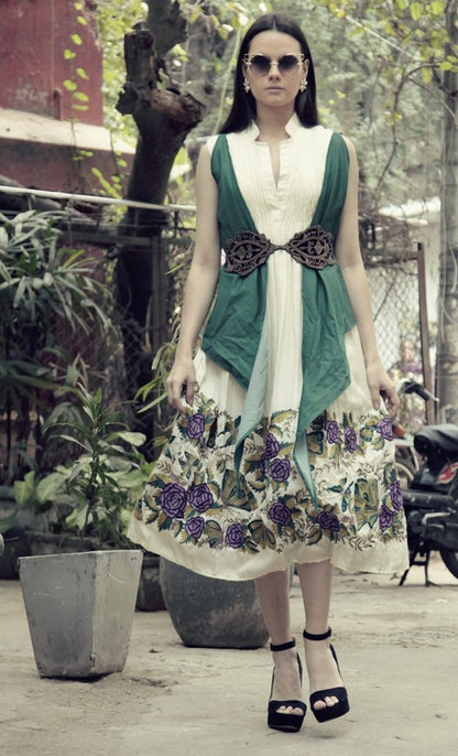 Ivory Long Buttterfly Dress with Green Jacket &amp; Belt