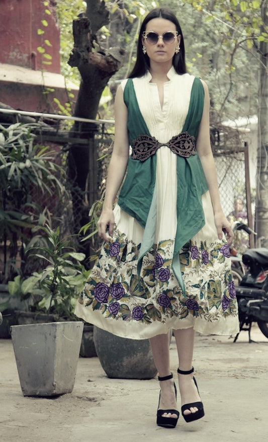 Ivory Long Buttterfly Dress with Green Jacket &amp; Belt