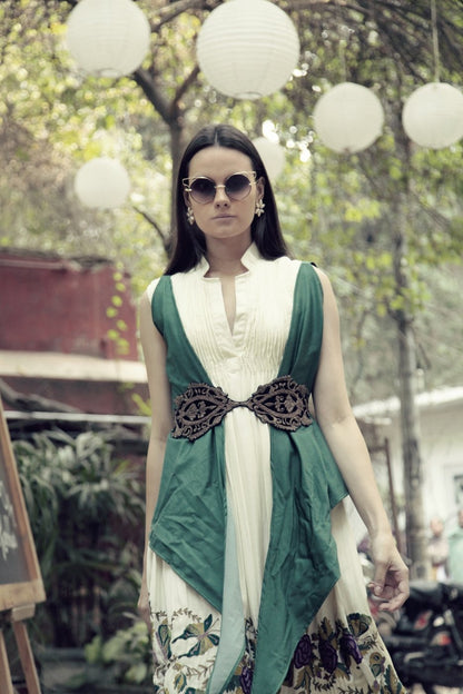 Ivory Long Buttterfly Dress with Green Jacket &amp; Belt