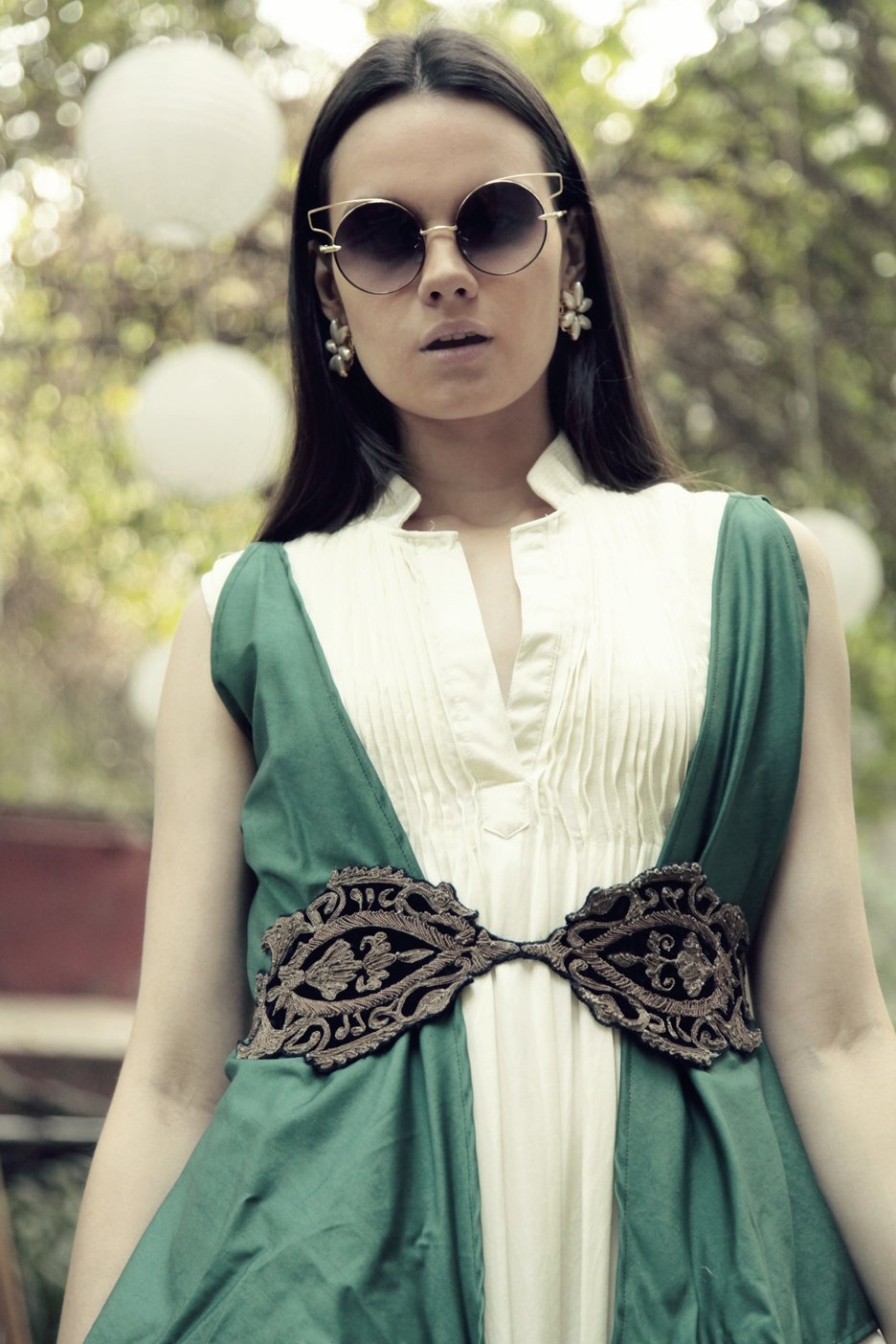 Ivory Long Buttterfly Dress with Green Jacket &amp; Belt