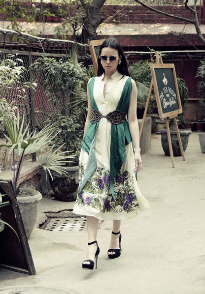 Ivory Long Buttterfly Dress with Green Jacket &amp; Belt