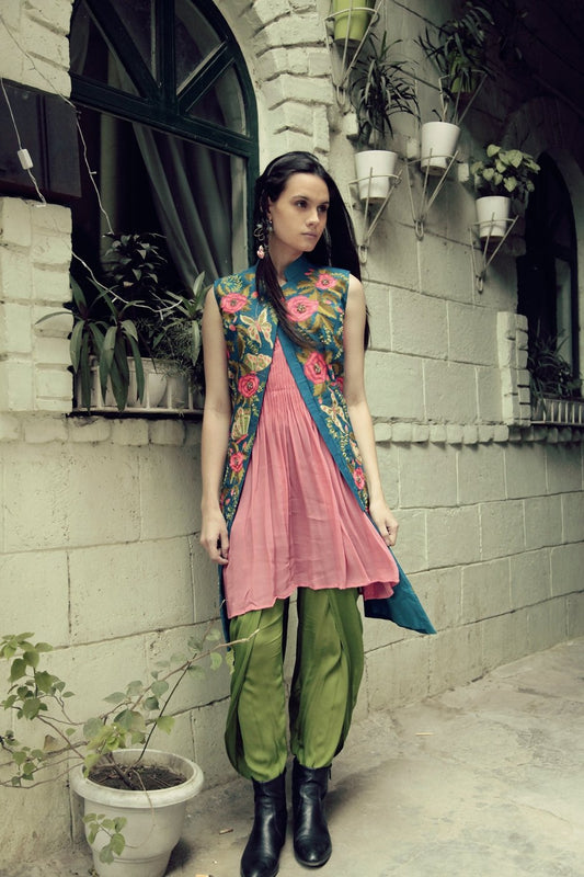 Teal heavily embroidered long butterfly jacket with tunic and dhoti pants