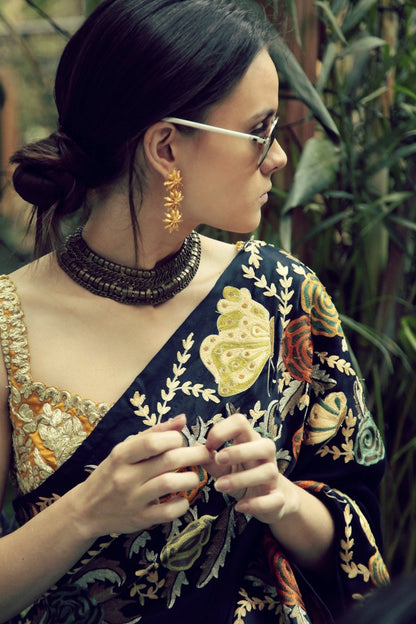 Navy Blue &amp; Mustard Butterfly Sari with Mustard Blouse