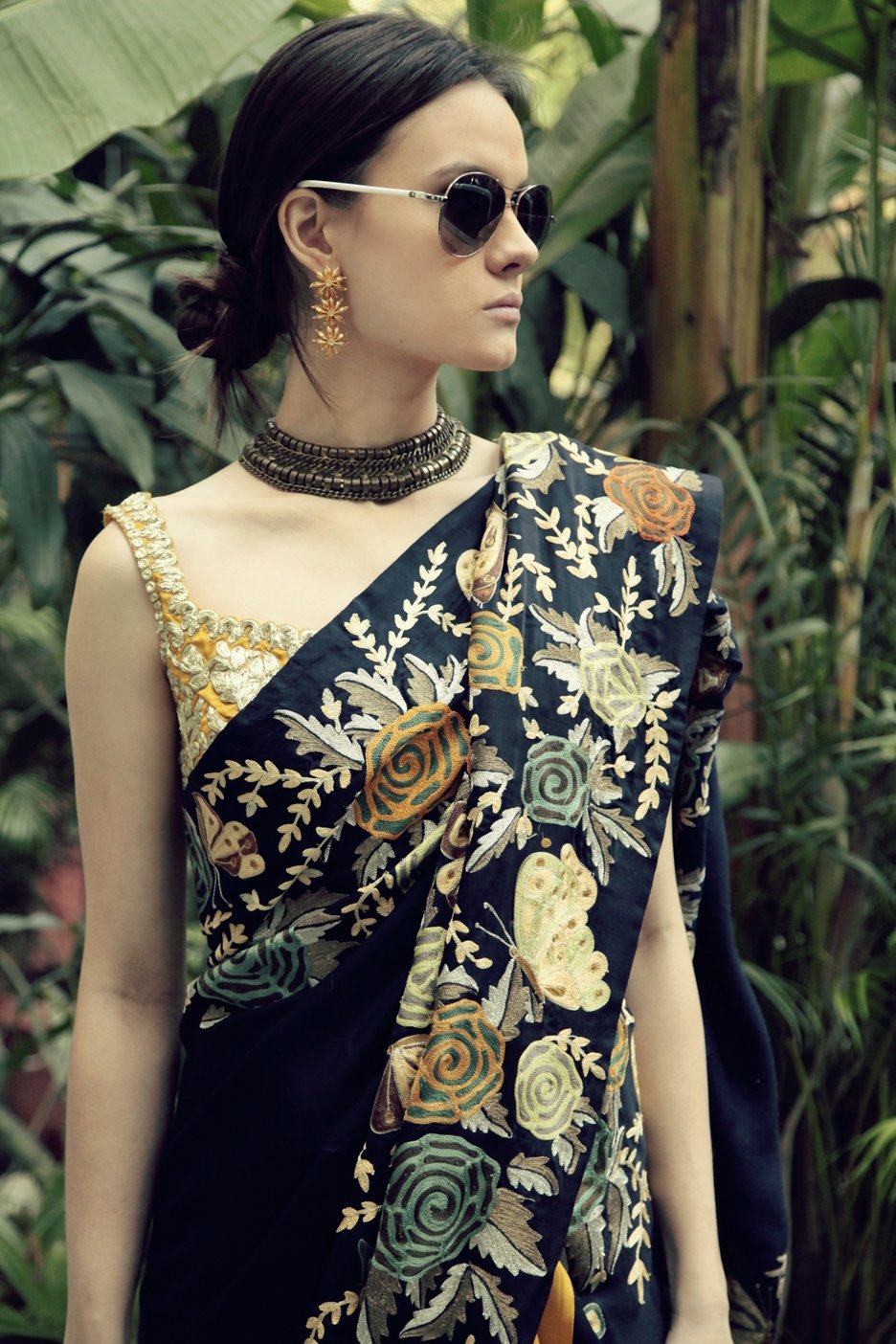 Navy Blue &amp; Mustard Butterfly Sari with Mustard Blouse