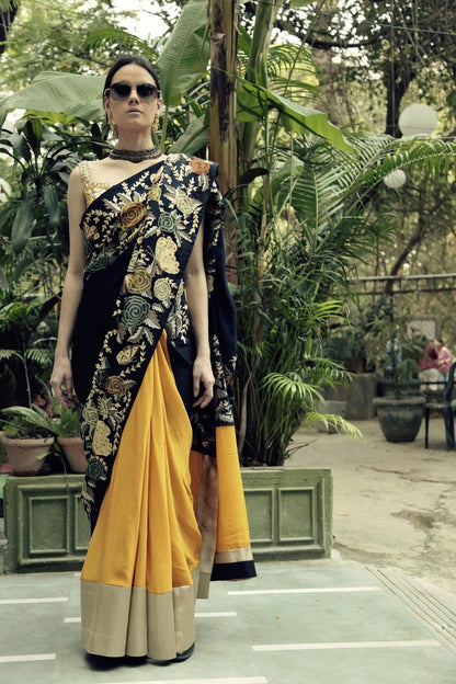 Navy Blue &amp; Mustard Butterfly Sari with Mustard Blouse