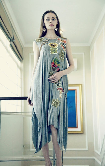 Grey embroidered draped tunic