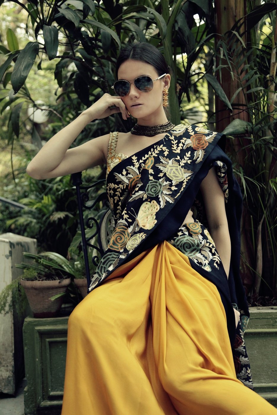 Navy Blue &amp; Mustard Butterfly Sari with Mustard Blouse