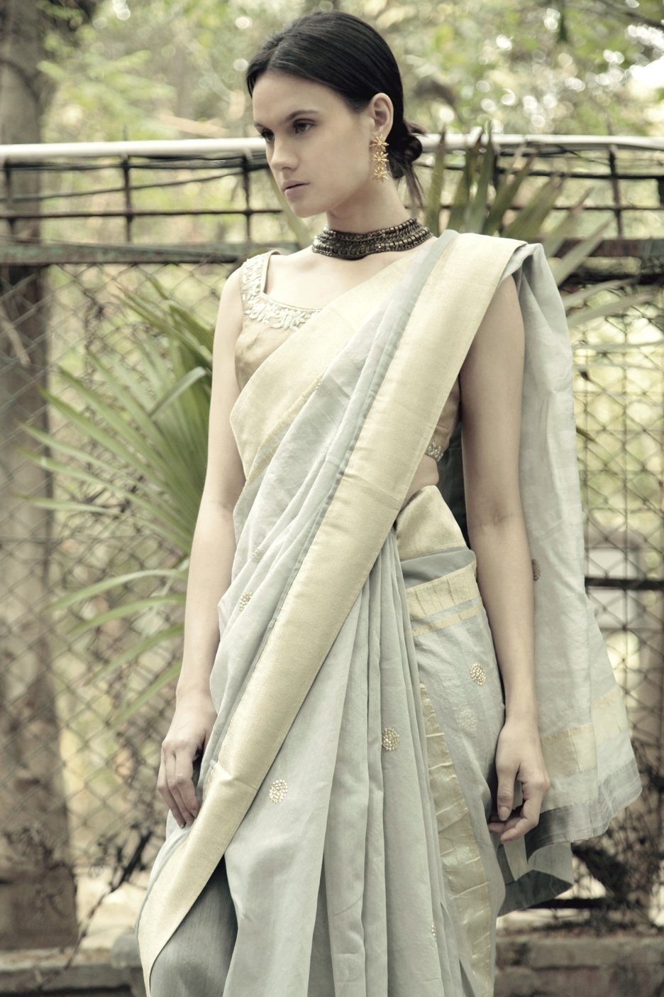 Grey Sari with Gold Blouse