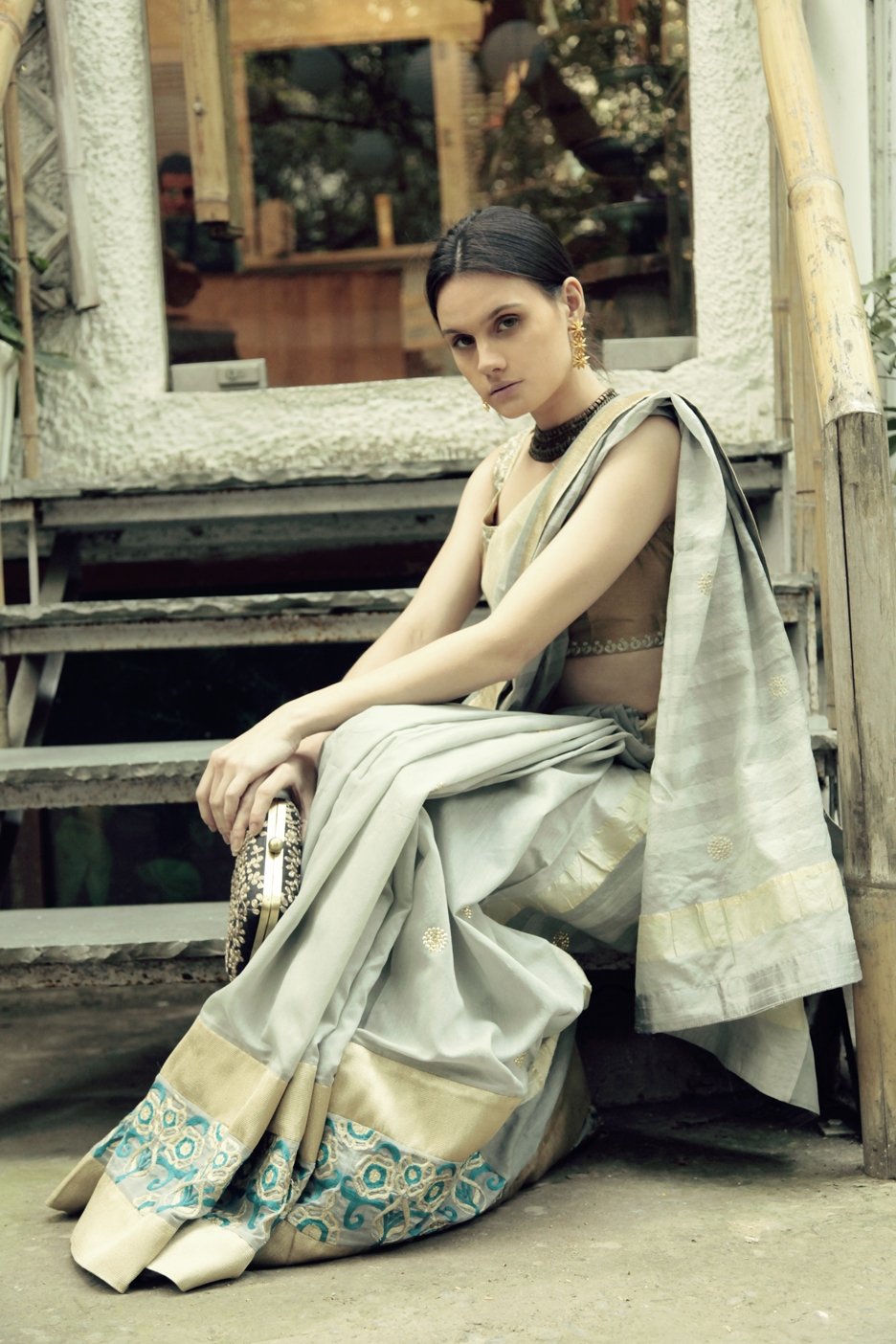 Grey Sari with Gold Blouse