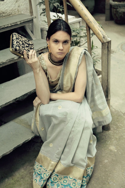 Grey Sari with Gold Blouse