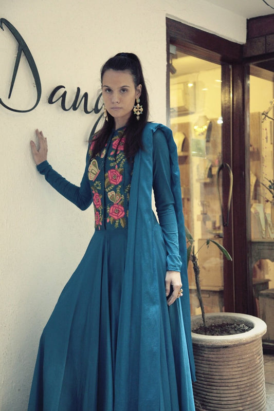 Teal Butterfly Anarkali Set