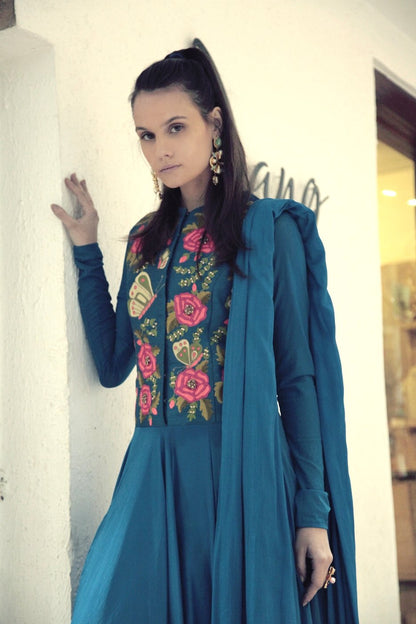 Teal Butterfly Anarkali Set