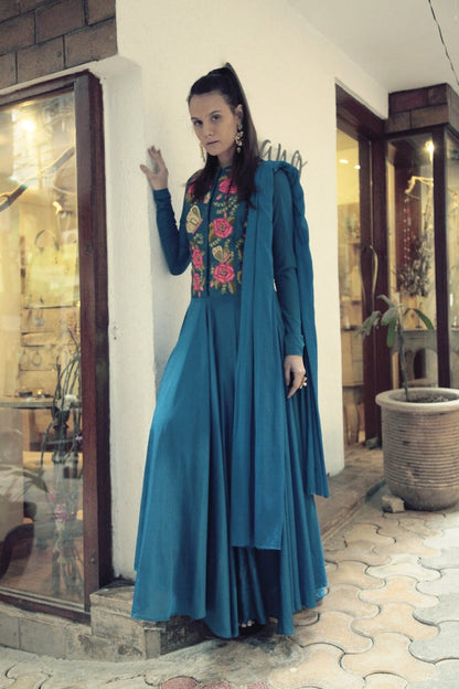 Teal Butterfly Anarkali Set