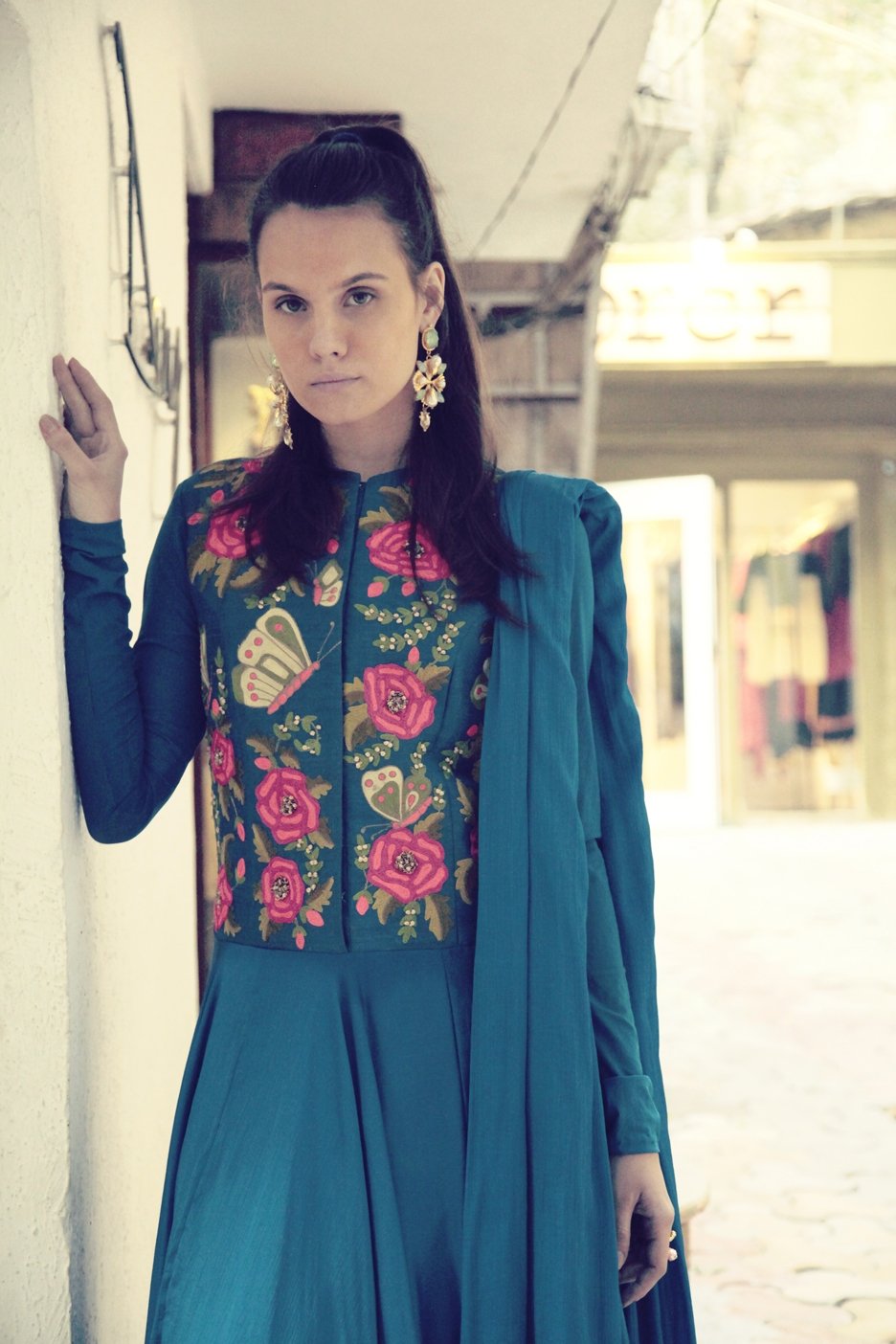 Teal Butterfly Anarkali Set