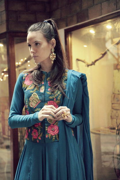 Teal Butterfly Anarkali Set