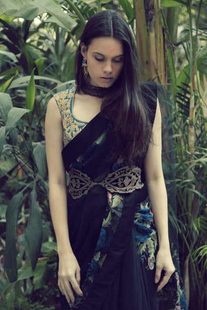 Black Butterfly Sari with Teal & Gold Blouse and Embroidered Belt