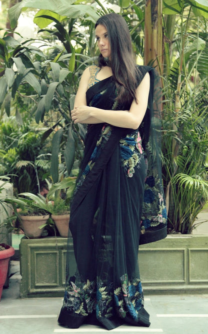 Black Butterfly Sari with Teal & Gold Blouse and Embroidered Belt