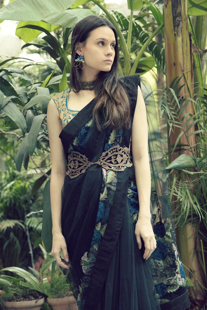 Black Butterfly Sari with Teal & Gold Blouse and Embroidered Belt