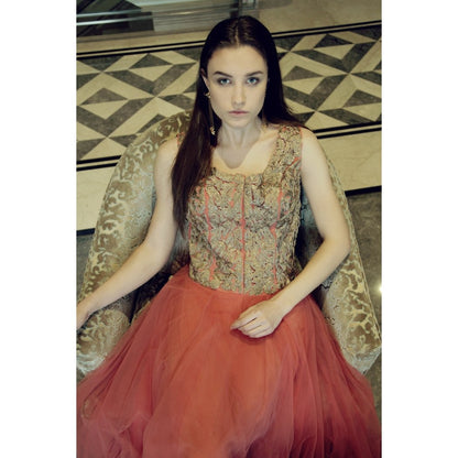 Peach Zari Embroidered Gown