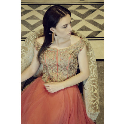 Peach Zari Embroidered Gown