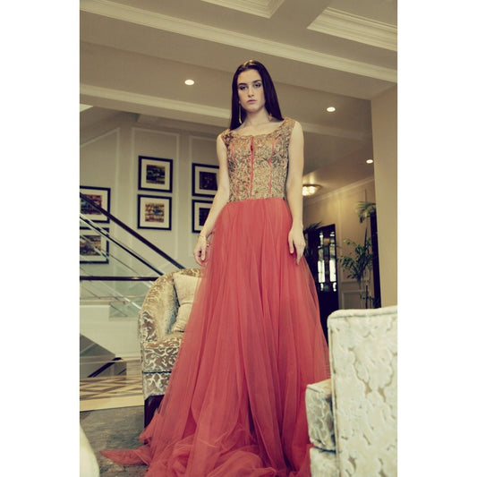 Peach Zari Embroidered Gown