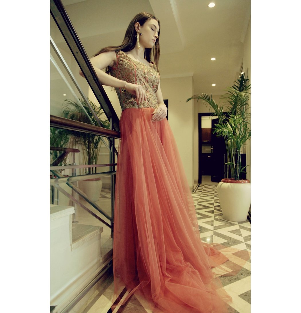 Peach Zari Embroidered Gown