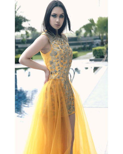 Yellow Zari Embroidered Long Gown