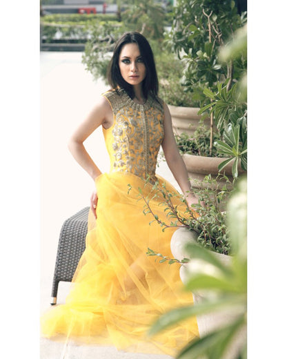 Yellow Zari Embroidered Long Gown