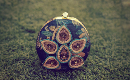 Round Navy Blue Forest Print and Leaf Embroidered Box Clutch Bag