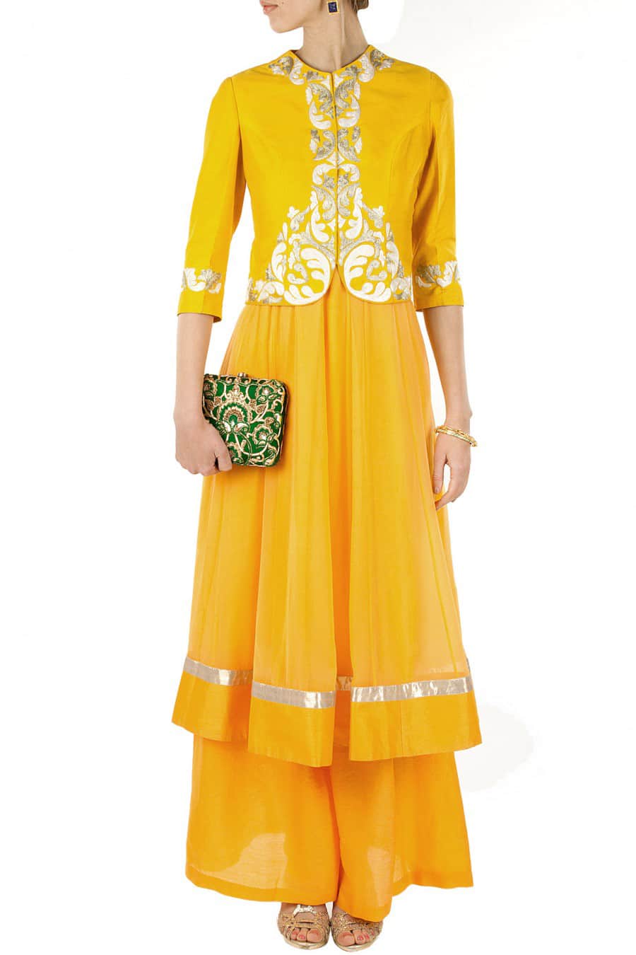 Golden yellow jacket with anarkali and palazoe pants