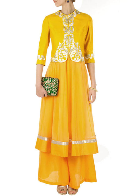 Golden yellow jacket with anarkali and palazoe pants