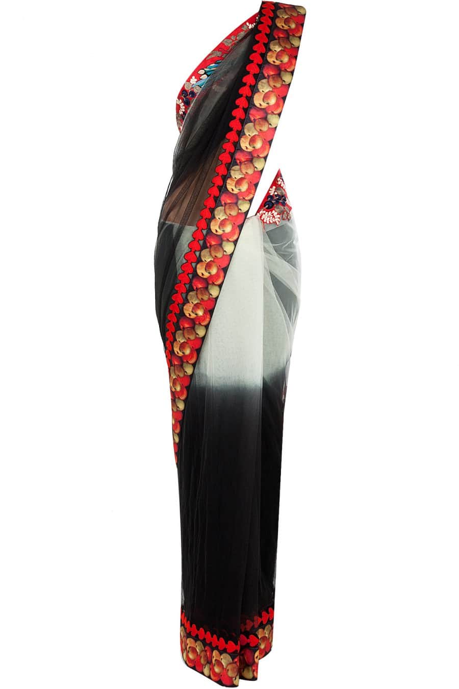 Ivory to Black Shaded Sari with Floral Blouse