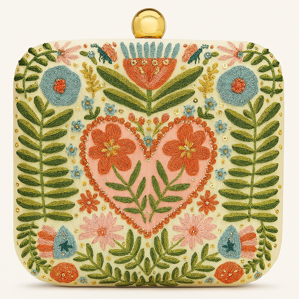 Heart & Bloom Hand-Embroidered Clutch – Ivory & Multicolor