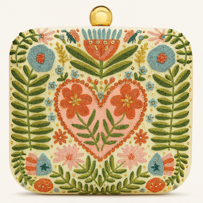 Heart & Bloom Hand-Embroidered Clutch – Ivory & Multicolor