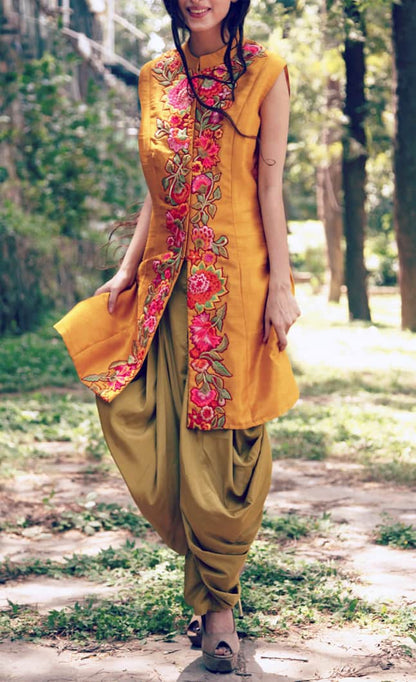 Mustard yellow achkan with lime green dhoti pants