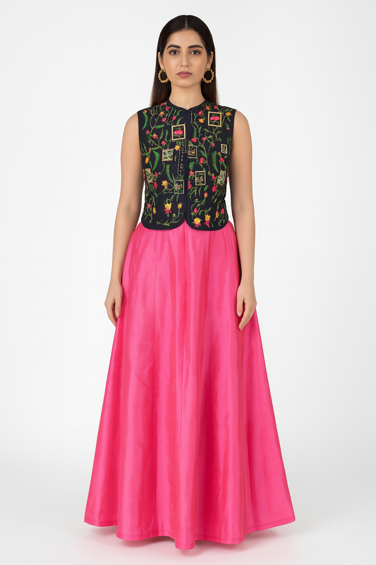 Navy Blue Embroidered Jacket Fuchsia Lehenga - Front View | Aharin