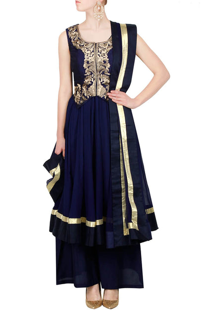 Navy blue zari embroidered jacket with anarkali and palazoes