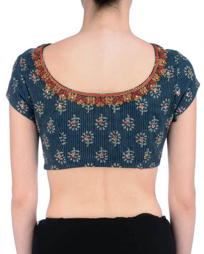 block printed and mirror embroidered sari blouse