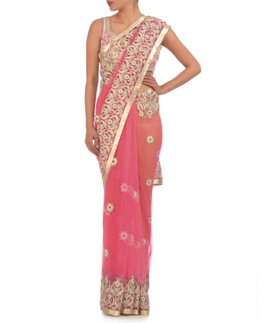 Neon Pink Heavy Embroidered Sari &amp; Blouse