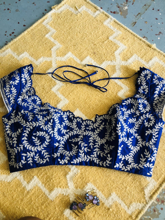 Dark Blue embroidered blouse with white floral motifs