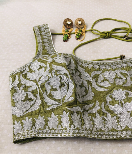 Olive Green Sari embroidered blouse