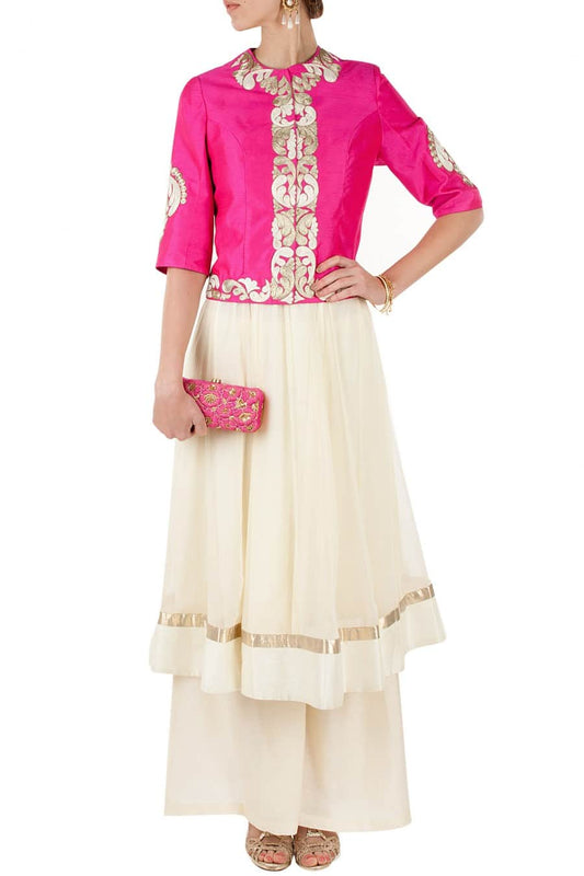 Fuschia pink embroidered jacket with ivory anarkali and palazoes pants