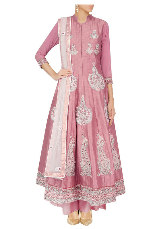 Onion pink anarkali with palazoes and ivory net dupatta