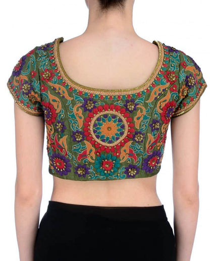 Olive green multicolor thread work blouse