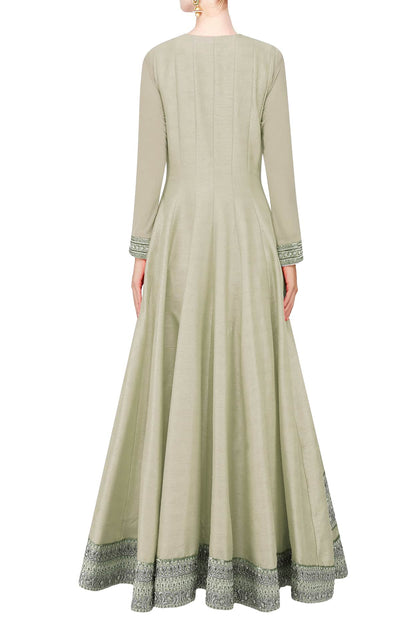 Pale olive green flared anarkali set